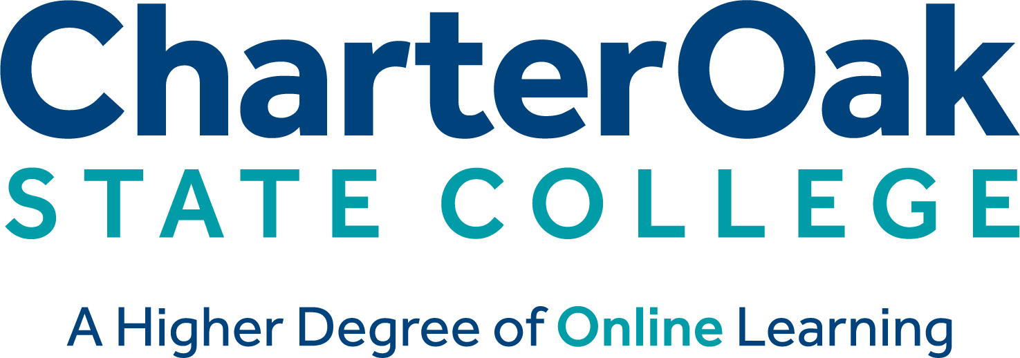 Charter Oak State College logo with tagline colored blue and teal