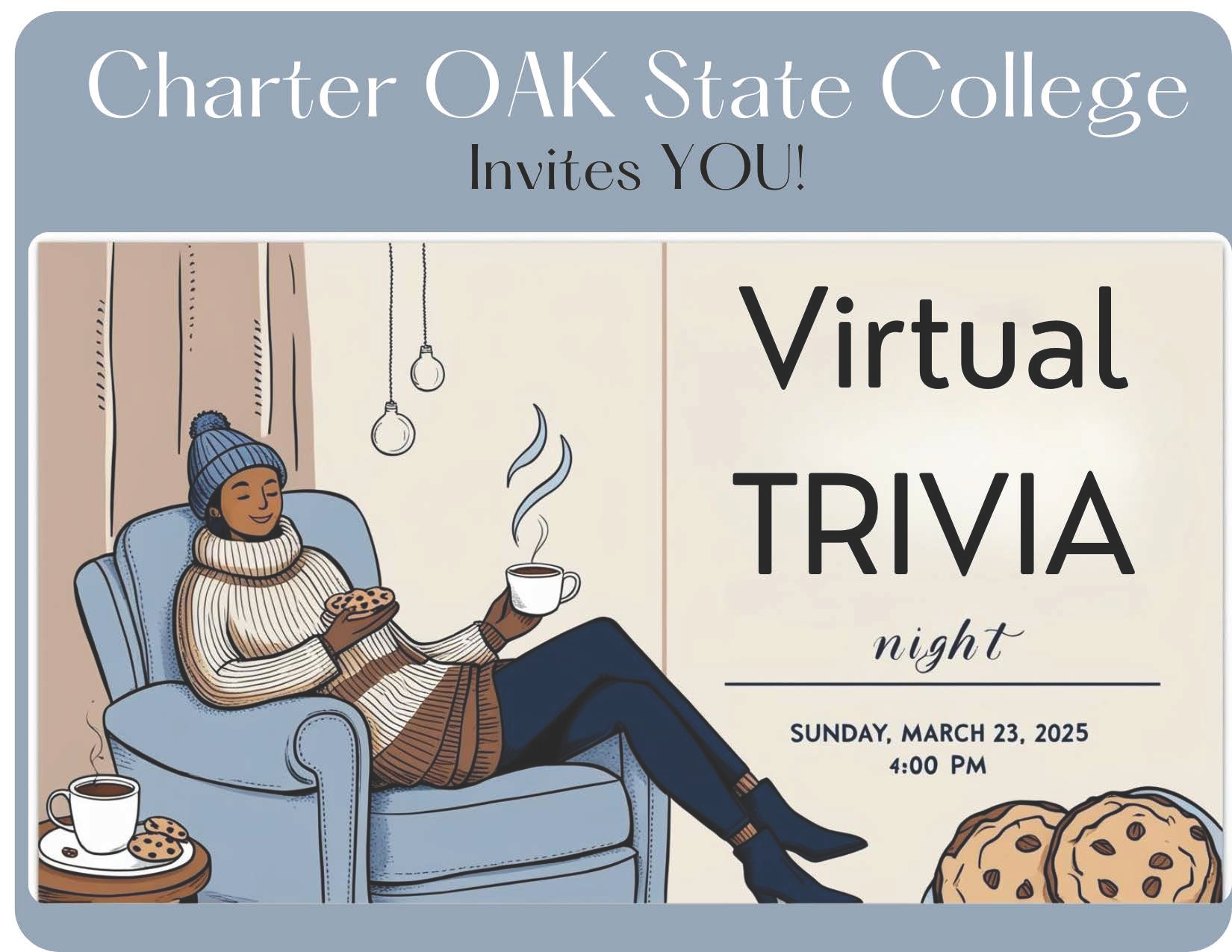 Charter OAK Virtual Trivia March 23 Image with women cozy warm